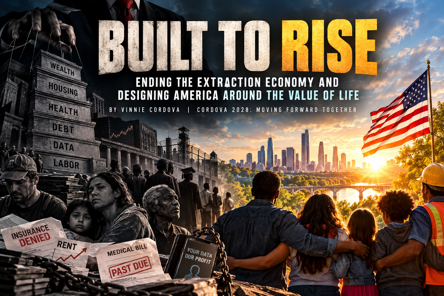 Poster titled Built to Rise: Ending the Extraction Economy and Designing America Around the Value of Life. On the left, in gray, a puppeteer hand pulls strings over a stone tower labeled Wealth, Housing, Health, Debt, Data, and Labor above exhausted families, chains, an Insurance Denied letter, a rising Rent chart, a Past Due medical bill, and a phone reading Your Data Our Profit; on the right, a family and a construction worker embrace while facing a sunrise over a city skyline and an American flag