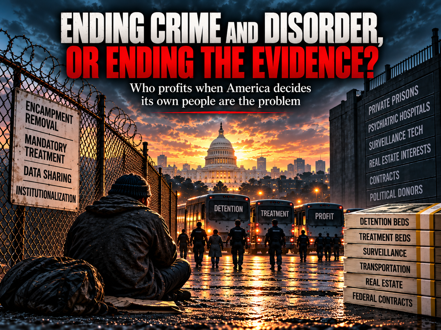 Poster titled Ending Crime and Disorder, or Ending the Evidence?: a homeless man sits by a barbed-wire fence while buses labeled Detention, Treatment, and Profit wait near the U.S. Capitol beside stacks of money labeled with federal contracts
