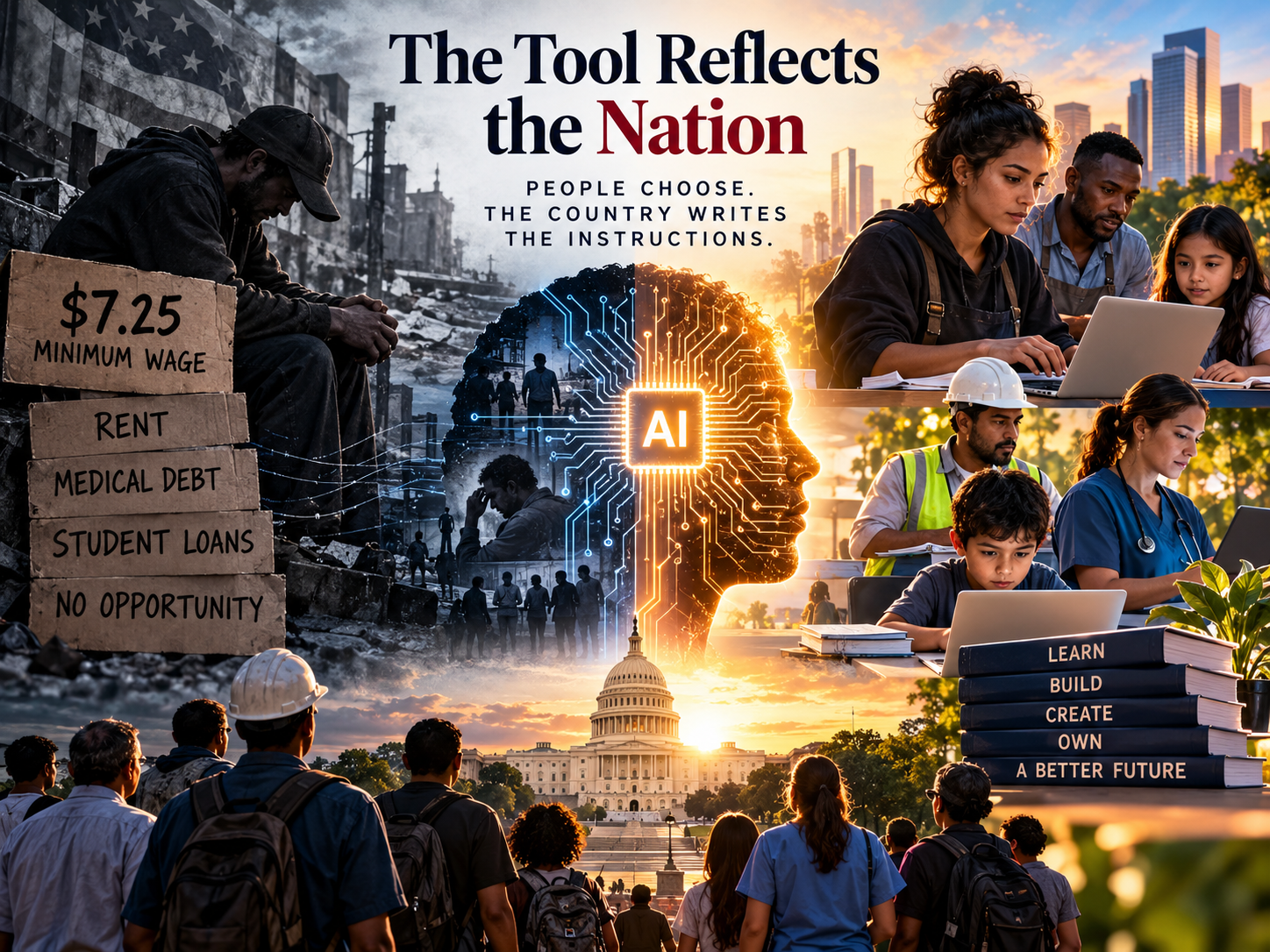 Poster titled The Tool Reflects the Nation: People choose. The country writes the instructions. On the left, a man sits in a gray ruined city beside cardboard signs reading $7.25 Minimum Wage, Rent, Medical Debt, Student Loans, and No Opportunity; in the center, a glowing AI circuit head above the U.S. Capitol; on the right, workers, a nurse, and children learn on laptops at sunrise beside books labeled Learn, Build, Create, Own, and A Better Future
