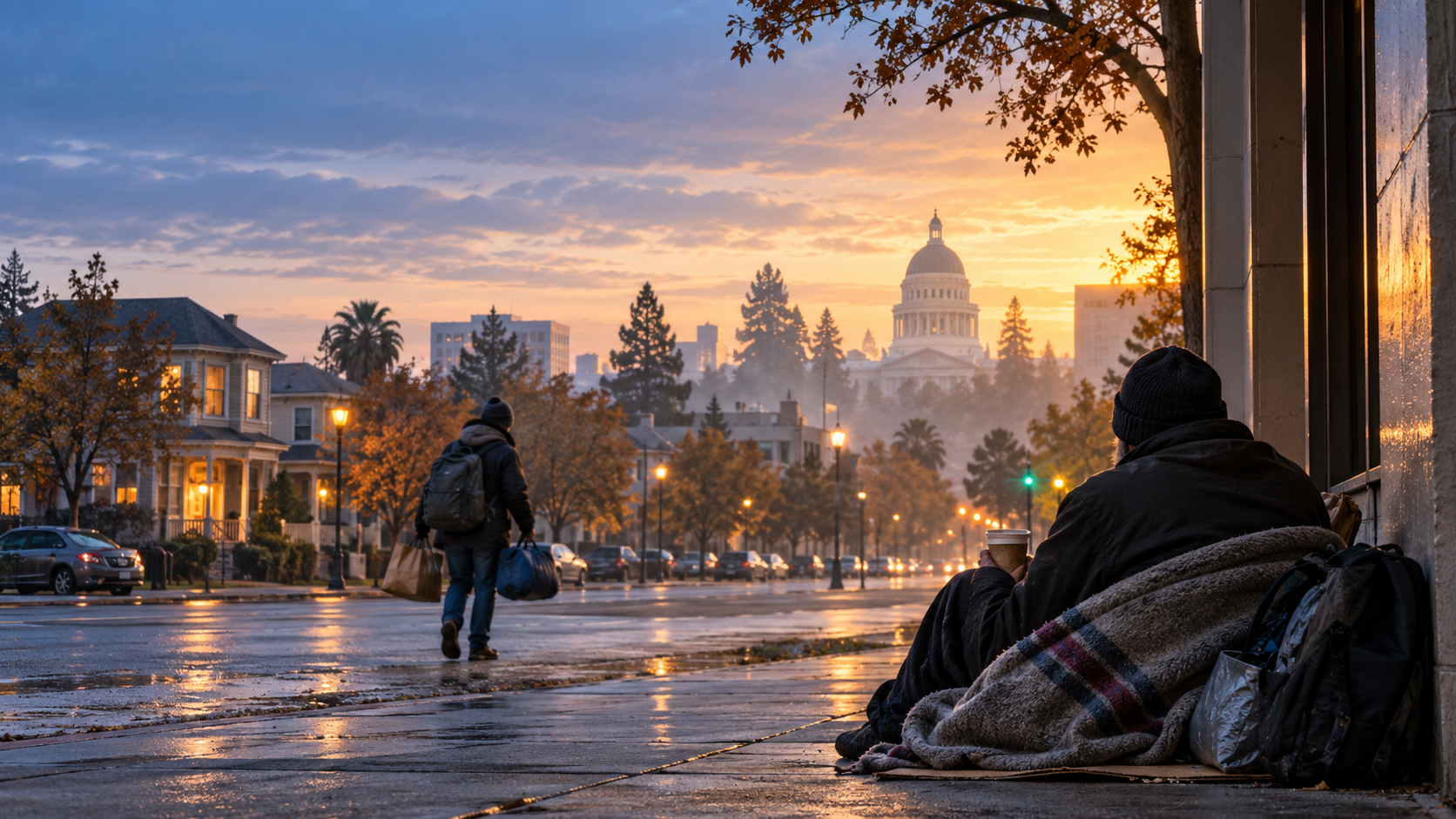 A person wrapped in a blanket on a Sacramento sidewalk at dawn, with the California State Capitol in the distance