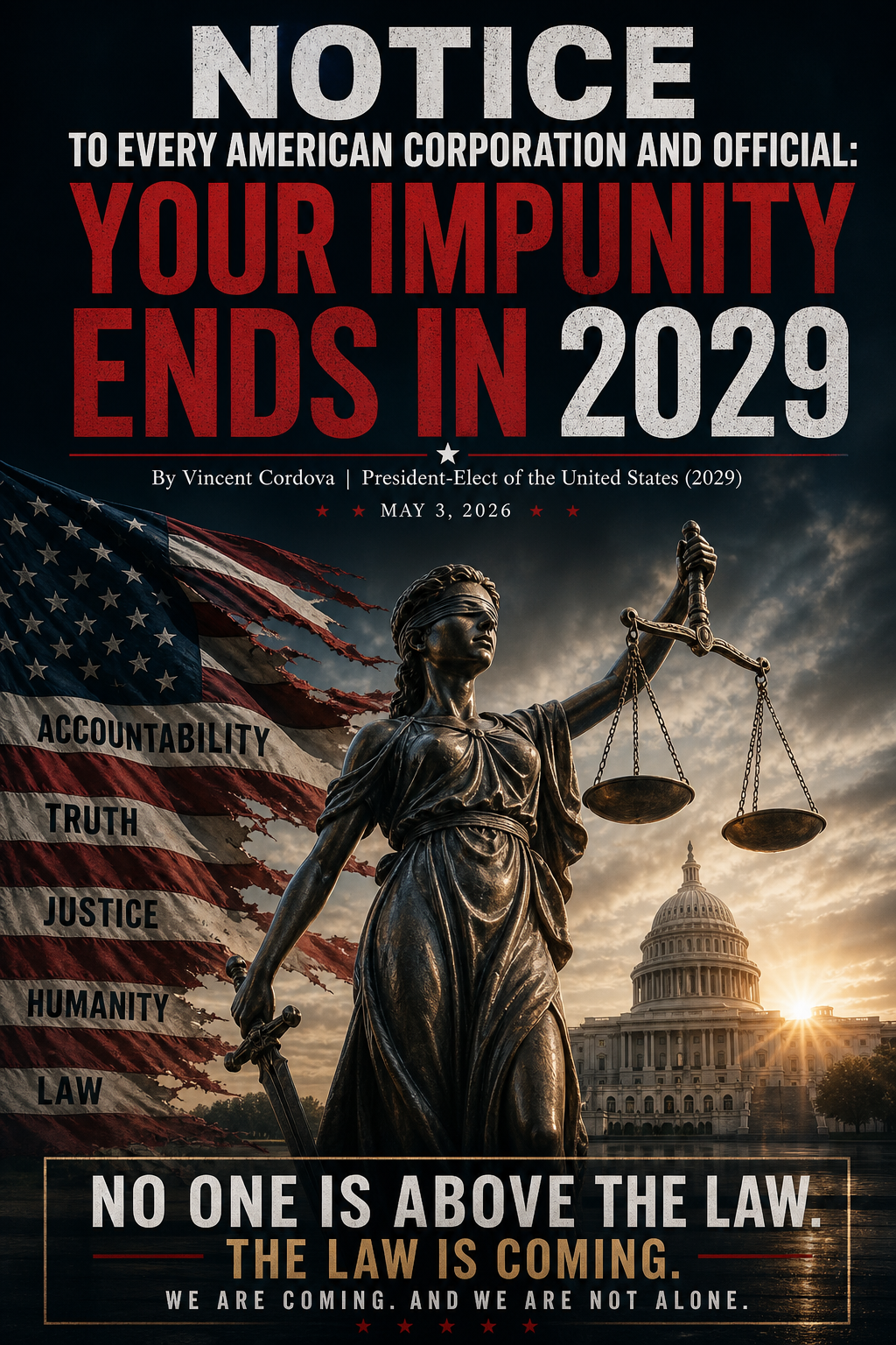 Notice to Every American Corporation and Official: Your Impunity Ends in 2029 illustration
