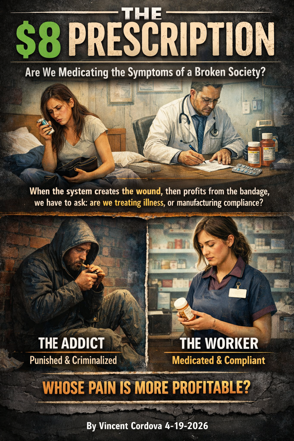 Illustration for The $8 Prescription showing the low-wage worker and the addict as reflections of the same broken system