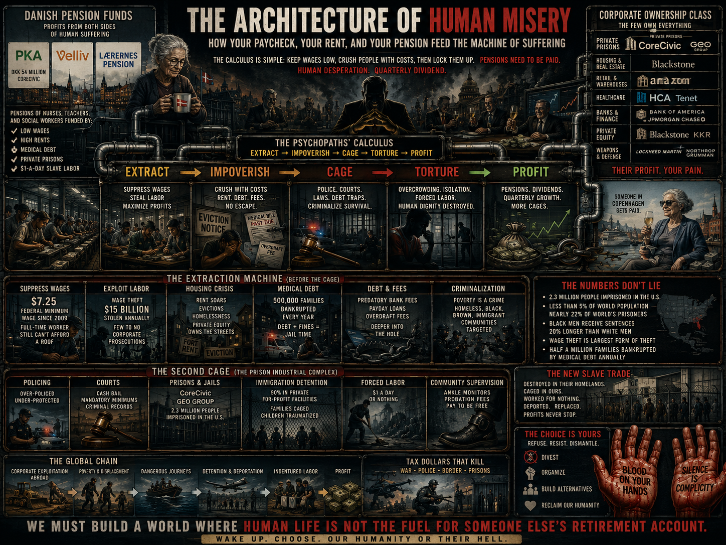 The Architecture of Human Misery Designed by Psychopaths: How Your Paycheck, Your Rent, and Your Pension Feed the Machine of Suffering illustration