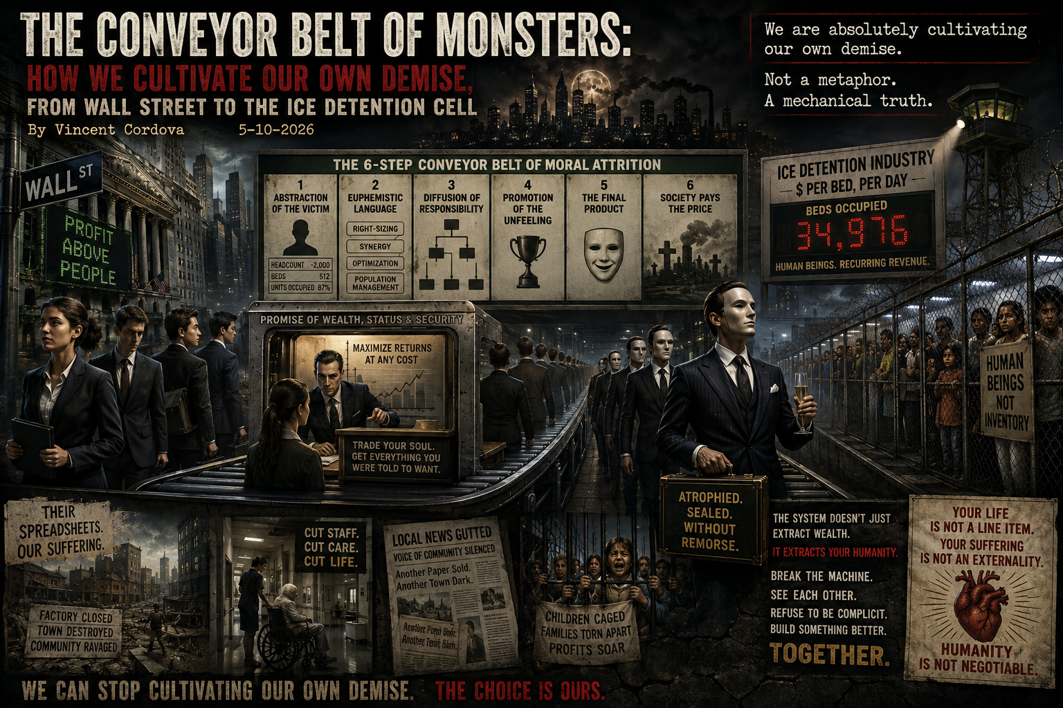 The Conveyor Belt of Monsters illustration about Wall Street, private equity, and detention-for-profit