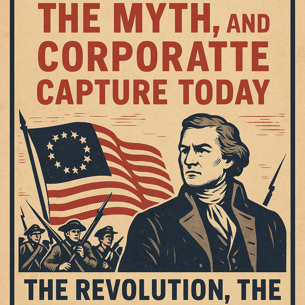 An abstract illustration representing revolutionary ideals confronting modern corporate power