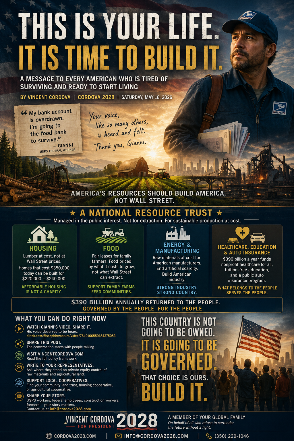 USPS worker Gianni and campaign artwork for This Is Your Life. It Is Time to Build It.