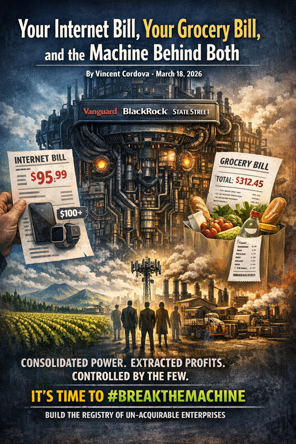 Abstract machinery illustrating links between household costs and extractive systems